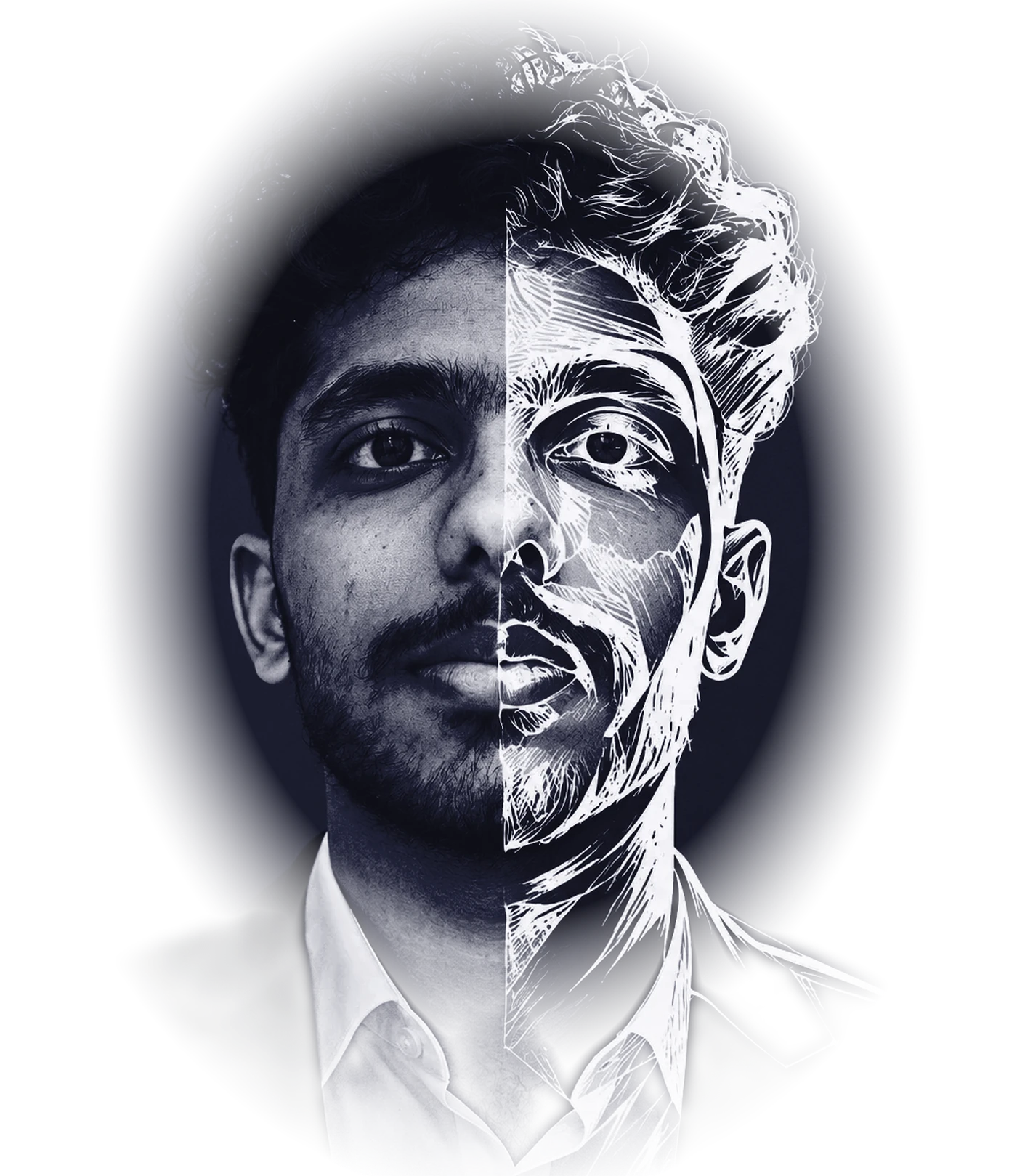 Badathala Jaisurya. The left half is a photograph; the right half is the same face drawn as line work.